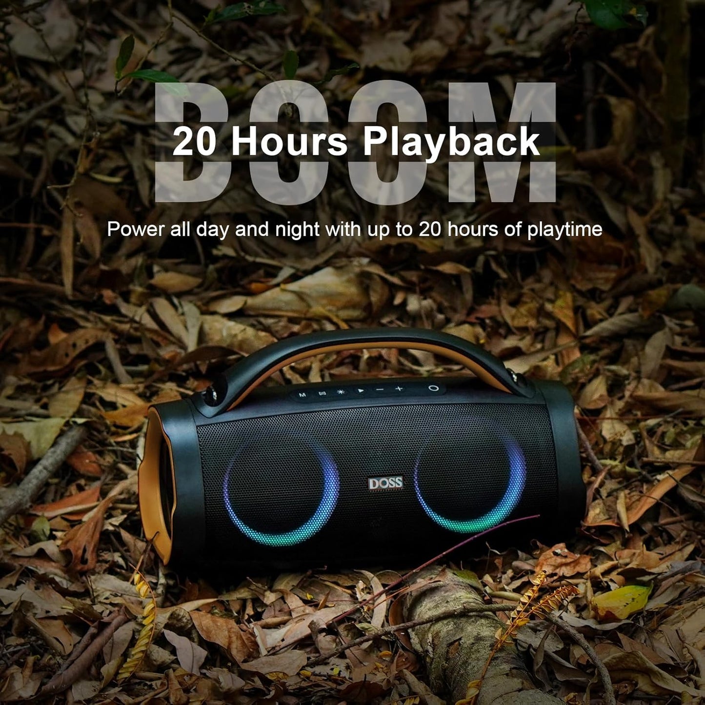 DOSS Extreme Boom+ Loud Bluetooth Speaker with 100W Stereo Sound, Extra Bass, 20H Playtime, Party-Sync Led Lights, Built-in Power Bank, IPX6 Waterproof Outdoor Speaker for Camping, Travel-Copper Gold