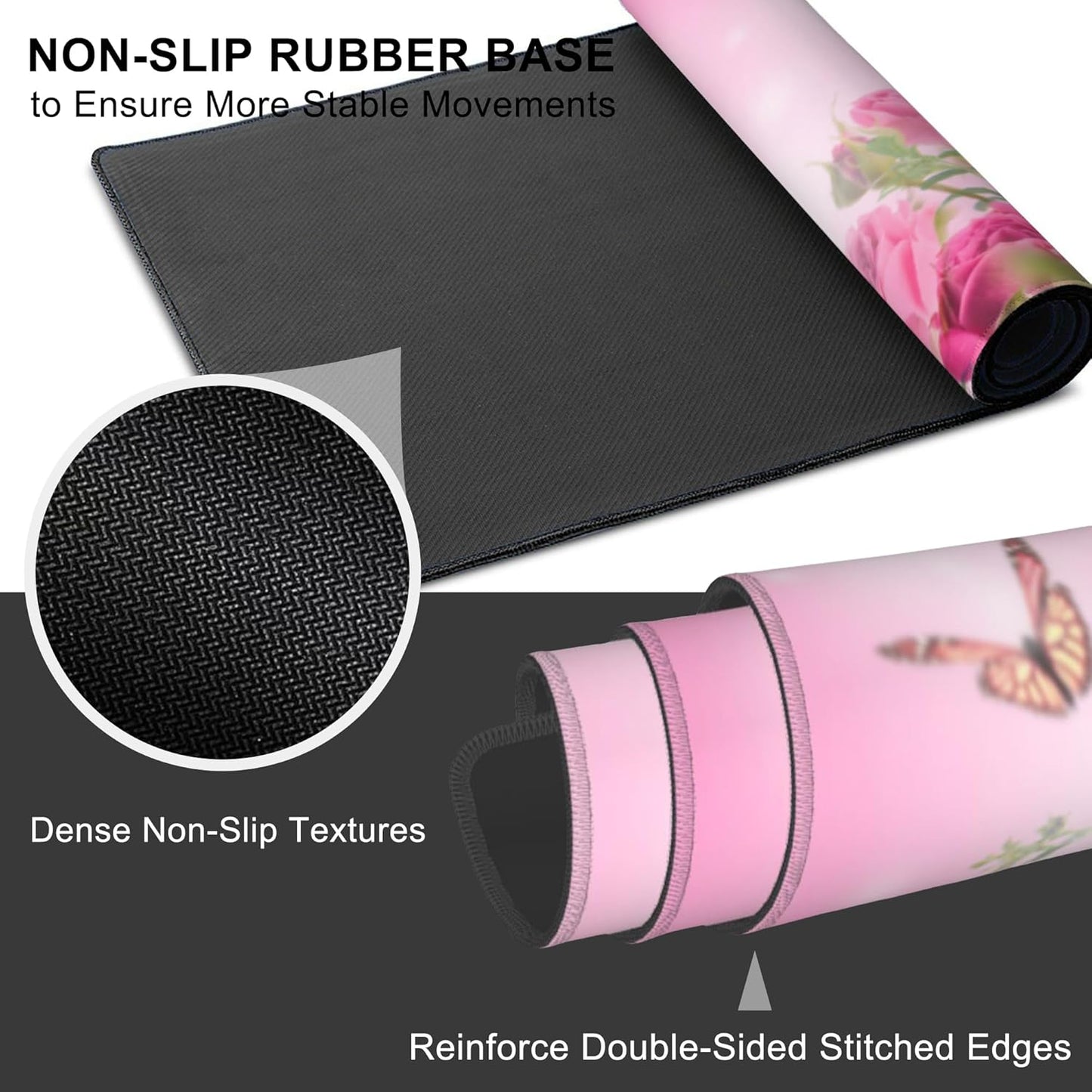Mouse Pad, Large Pink Roses with Butterflies Desk Mat, Extended Non-Slip Gaming Keyboard Mousepad Desk Pad, Thick Stitched Edges Waterproof Mouse Mat 31.5"x15.7" (Beautiful Spring Floral)