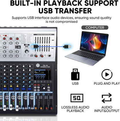 W IN-MIX Professional DJ Audio Mixer,10 Channel with 99DSP Digital Effects, MP3 Player, 48V Phantom Power with Independent Mute Switches Audio Console For Studio & Stage