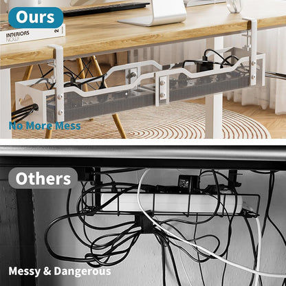 Under Desk Cable Management Tray White, Litwaro Cable Management Under Desk No Drill, 25'' Cable Tray with Clamp for Wire Management, Cord Organizer for Office, Home - No Damage to Table