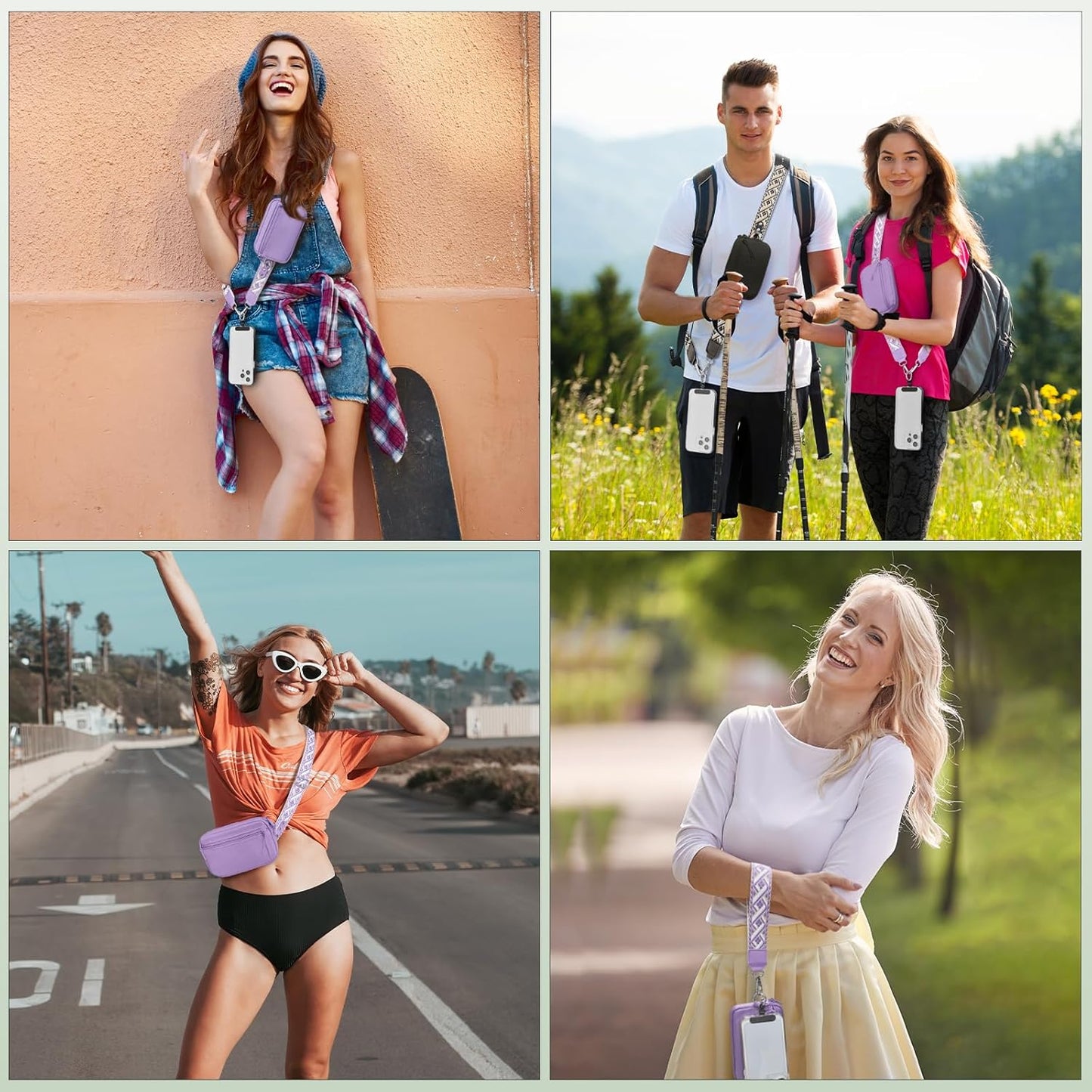 Clip and Go Strap for Phone with Wallet Crossbody, Adjustable Phone Lanyard with Detachable RFID Wristlet Wallet, Pattern Strap, Purple (M)