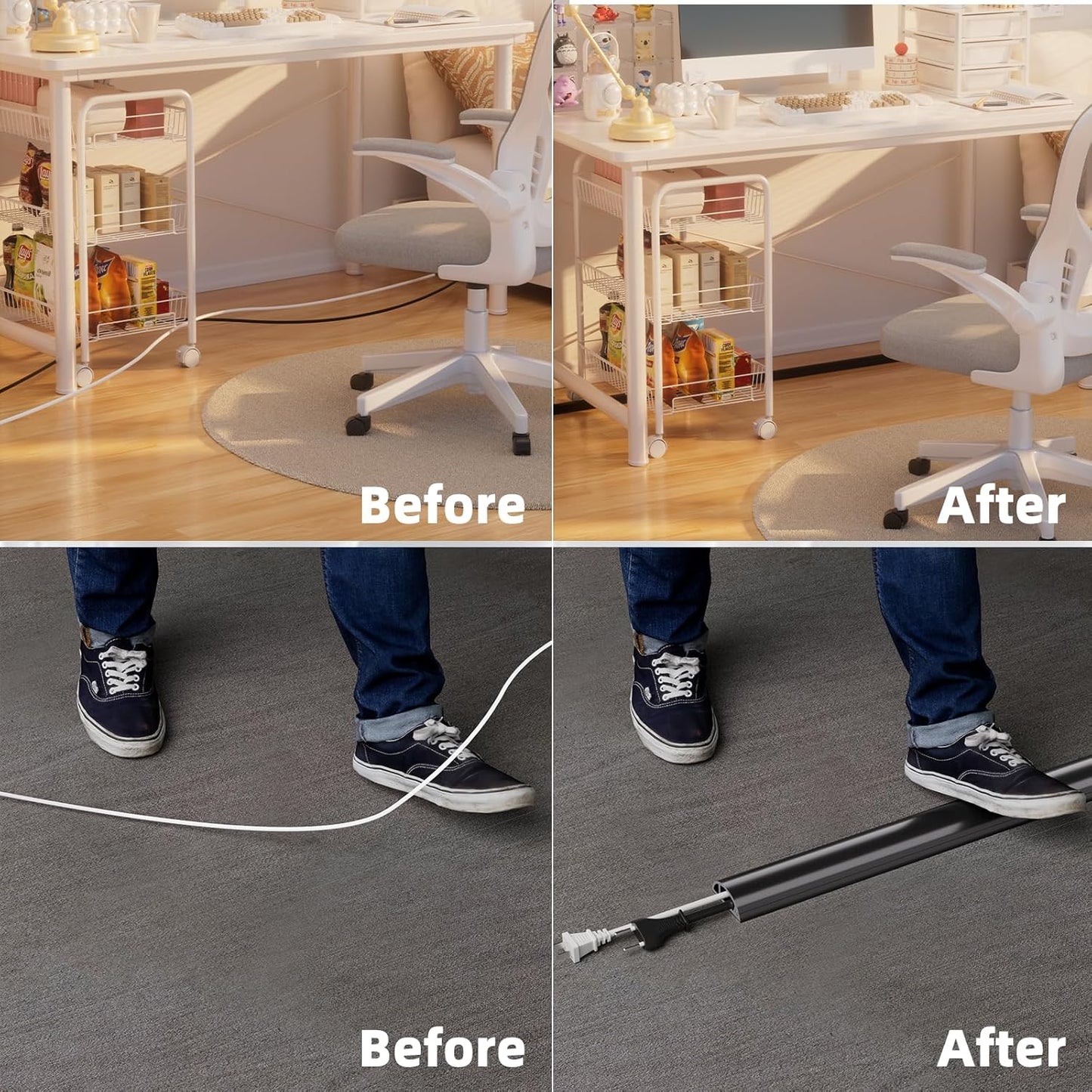 4ft Floor Cord Cover, Silicone Wire Hider, Hide Extension Cords, Protect Cords, Prevent Cable Trips, Heavy-Duty Adhesive-Backed Anti-Trip Cable Protector for Floor, Desk & Wall