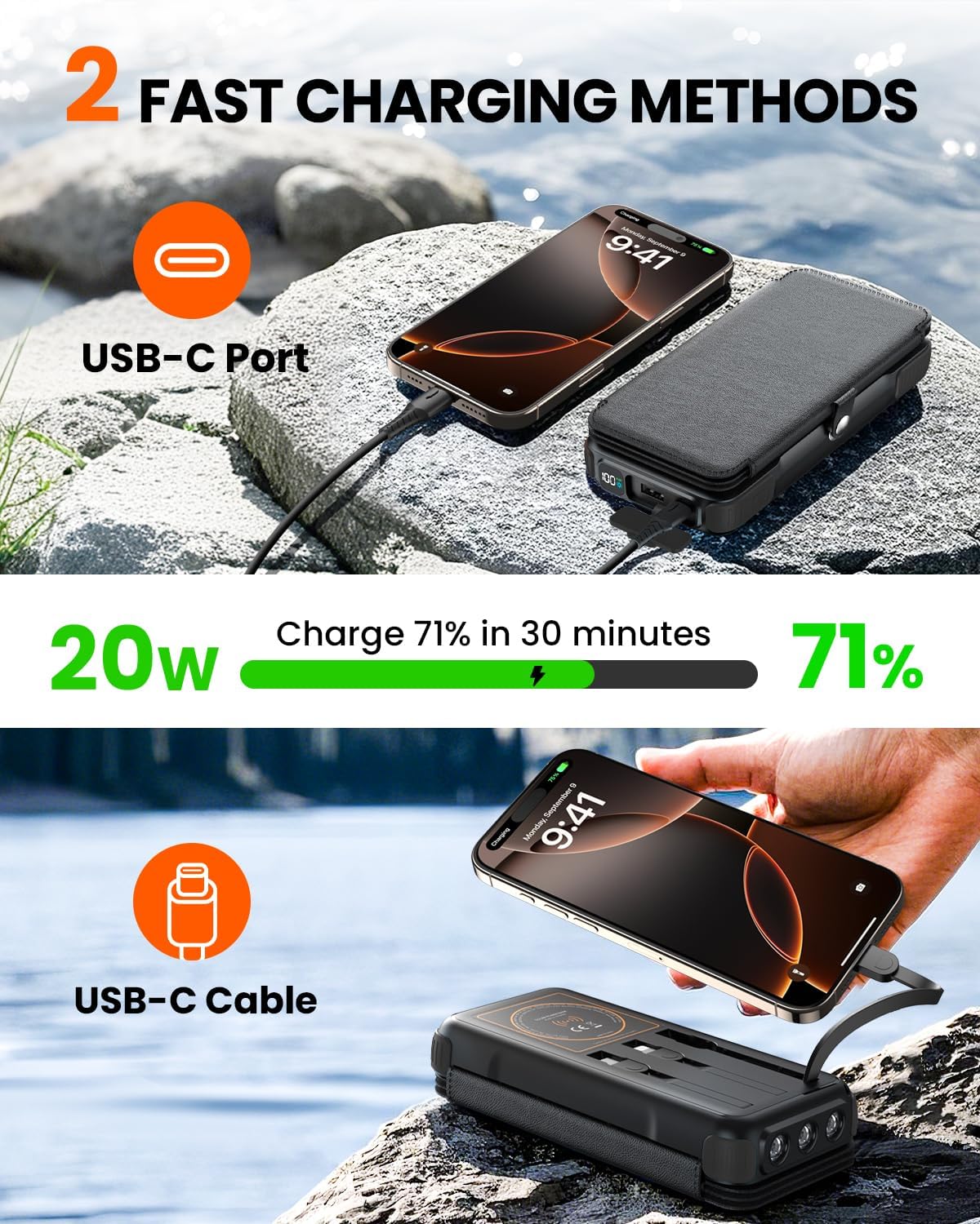 SOARAISE Wireless Solar Power Bank, 25000mAh Solar Charger with Built-in 3 Cables, Dual Outputs, 4 Solar Panels & 3 LED Flashlights, Portable Phone Charger for Outdoor Camping（Black）