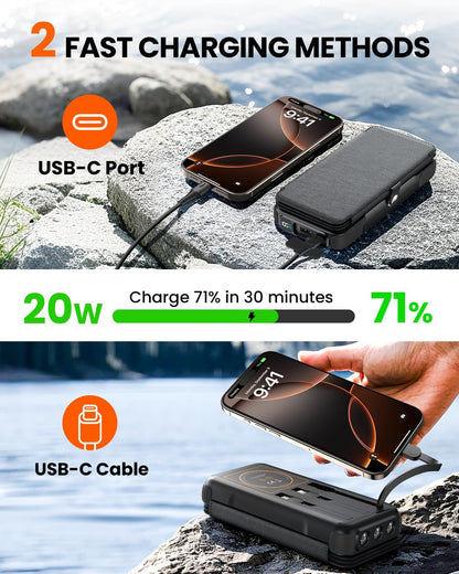 SOARAISE Wireless Solar Power Bank, 25000mAh Solar Charger with Built-in 3 Cables, Dual Outputs, 4 Solar Panels & 3 LED Flashlights, Portable Phone Charger for Outdoor Camping（Black）