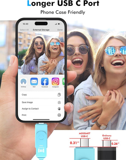 MOSDART 256GB USB3.1 Fast Speed C and A Dual Flash Drive, exFAT Memory Stick with Keychain and LED Indicator, for iPhone 15 and 16, Android Phone, iPad, MacBook, and Other Laptops, Sky Blue