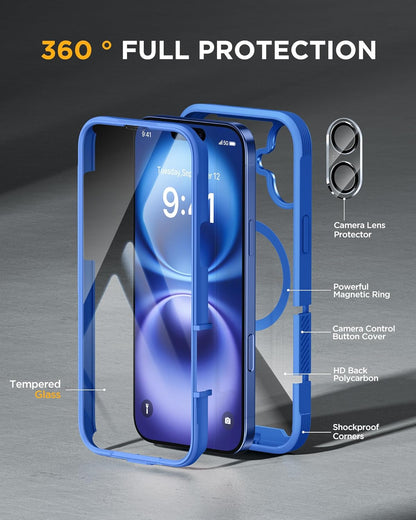 Miracase Magnetic for iPhone 16 Plus Case Full-Body Phone with Built-in Glass Screen Protector, [Compatible with MagSafe] Military Drop Proof 16 Plus Cover Bumper 6.7 inch, Blue