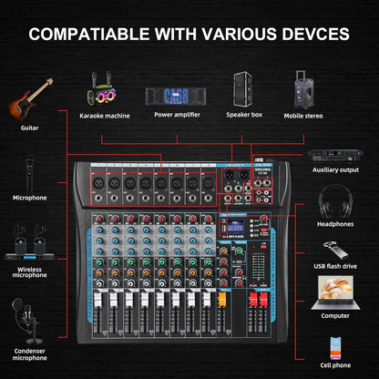 8 Channel Audio Mixer Sound Board Mixer 16 DSP Effect Audio Interfacer w/USB Drive for Computer Recording, 48V Power, XLR Microphone Jack DJ Mixer for Karaoke Studio Streaming Recording