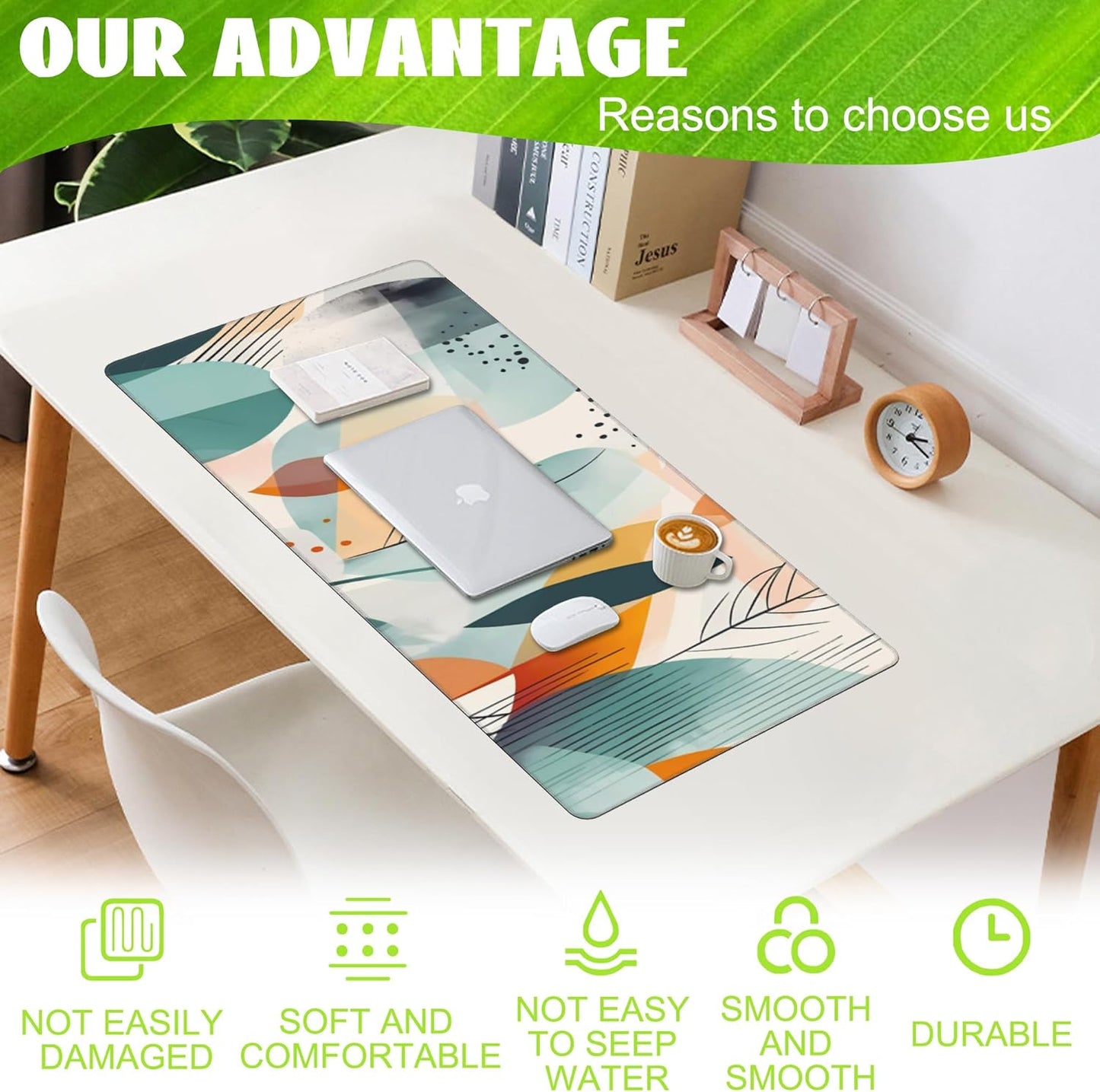 Desk Pad,Abstract Colorful Leaves Desk Mat,Abstract Line Art Large Gaming Mouse Pad for Desk,Extended Big Computer Keyboard Mouse Pad with Non-Slip Base and Stitched Edge,35.4"x15.7"