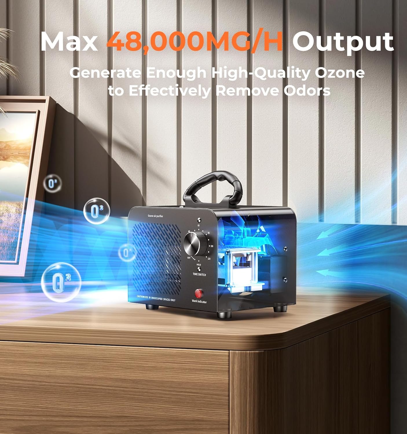 Ozone Generator 48,000mg, Commercial Ozone Machine Odor Removal, High Capacity O3 Ionizer Air Purifier Deodorizer, Portable Mini for Car, Home, Smoke, Pets, Industrial, for 4000 Square Feet -Black