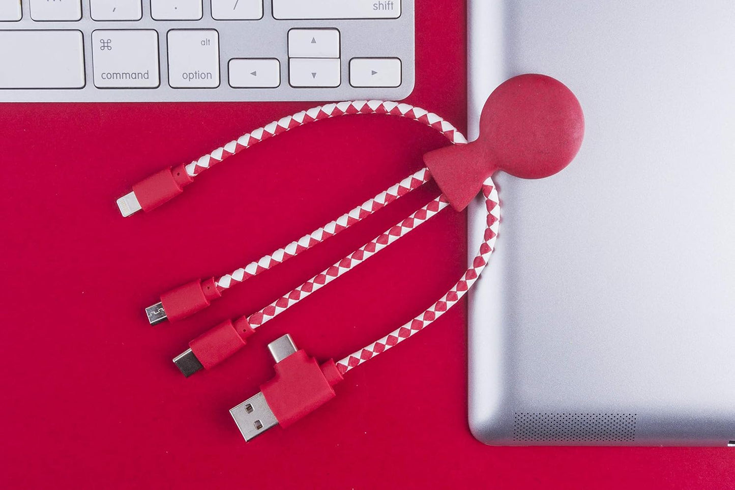 Multi USB Cable 4 in 1 - Universal Charger Made from Recycled Plastic - USB, USB-C, Lighting, Micro USB Ports - Compatible with All Smartphones Mr Bio RED Octopus