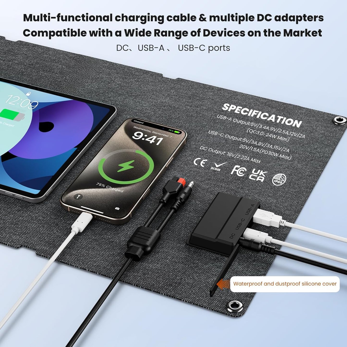 N-Type 16BB 50W Portable Solar Panels,Foldable Solar Panel Charger IP68 Waterproof with USB-A and USB-C Ports DC 18V Output for Small Power Station Outdoor Camping RV Trip