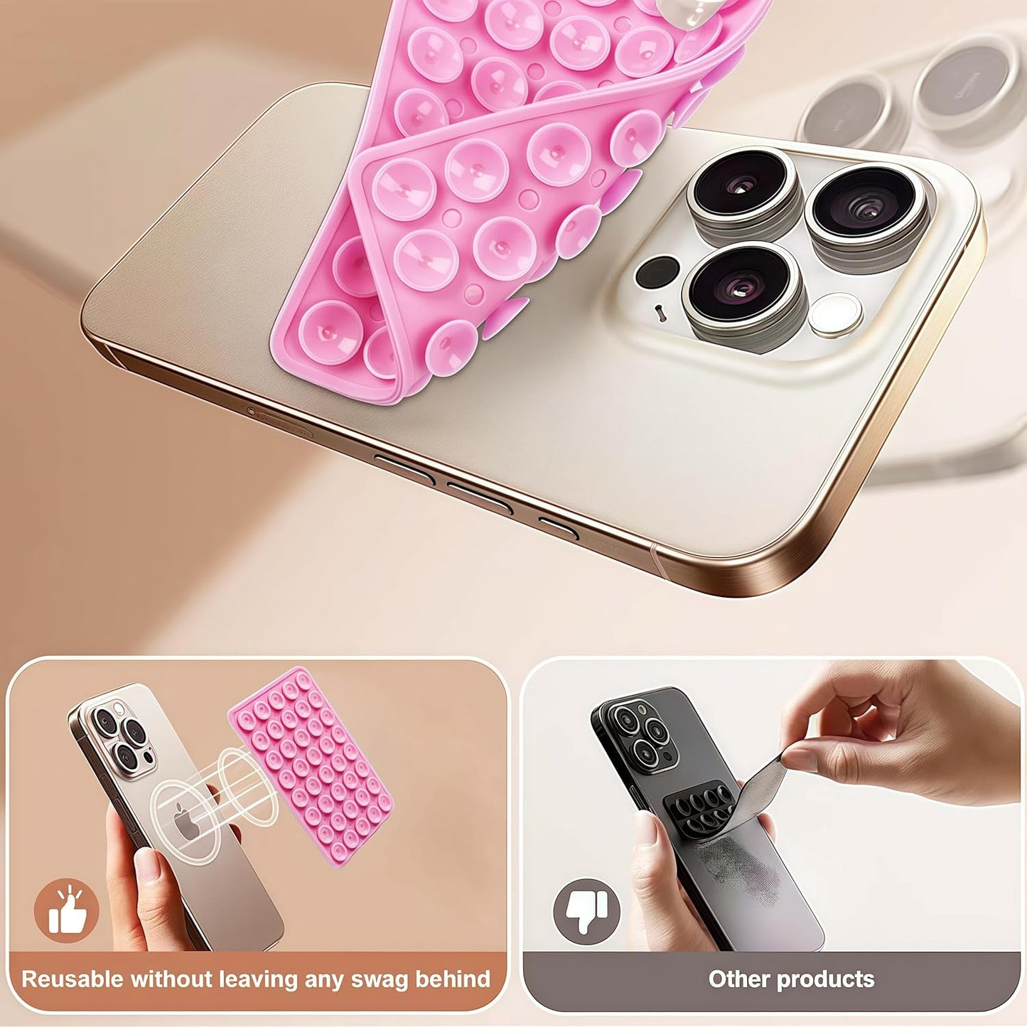 3-Pcs Double-Sided Suction Phone Mount, Sticky Phone Grip with Higher Suction Power,Hands-Free Phone Accessories Holder for Selfie and Video on iPhone and Android Phones.