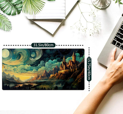 Cool Aesthetic Castle Mouse Pad Desk Pad Cute Cloudy and Starry Desk Mat, Office Desk Decor Anime Mousepad Laptop Keyboard and Mouse Mat, XXL Large Extended Gaming Deskmat for Girl 31.5x15.75 in