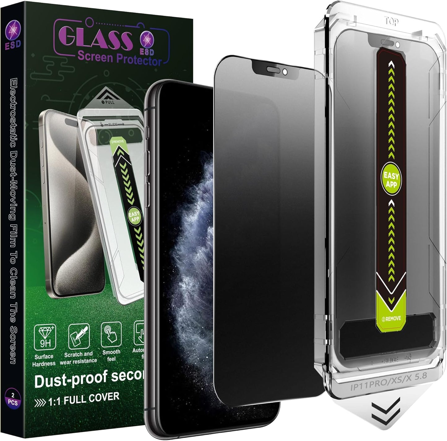 (2-Pack Matte Privacy Anti-Spy Screen Protector for iPhone X/XS/11 Pro (5.8-Inch),9H Tempered Glass,Anti-Glare,Full Coverage,Anti-Fingerprint,Auto Dust Removal,Bubble-Free