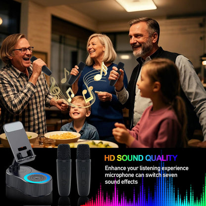 Gifts for Men Women,Cell Phone Stand with Wireless Bluetooth Speaker,Colorful Ambient Light 360° Foldable for Tablet iPhone Android 2 Wireless Microphones HD Surround Sound (Black)