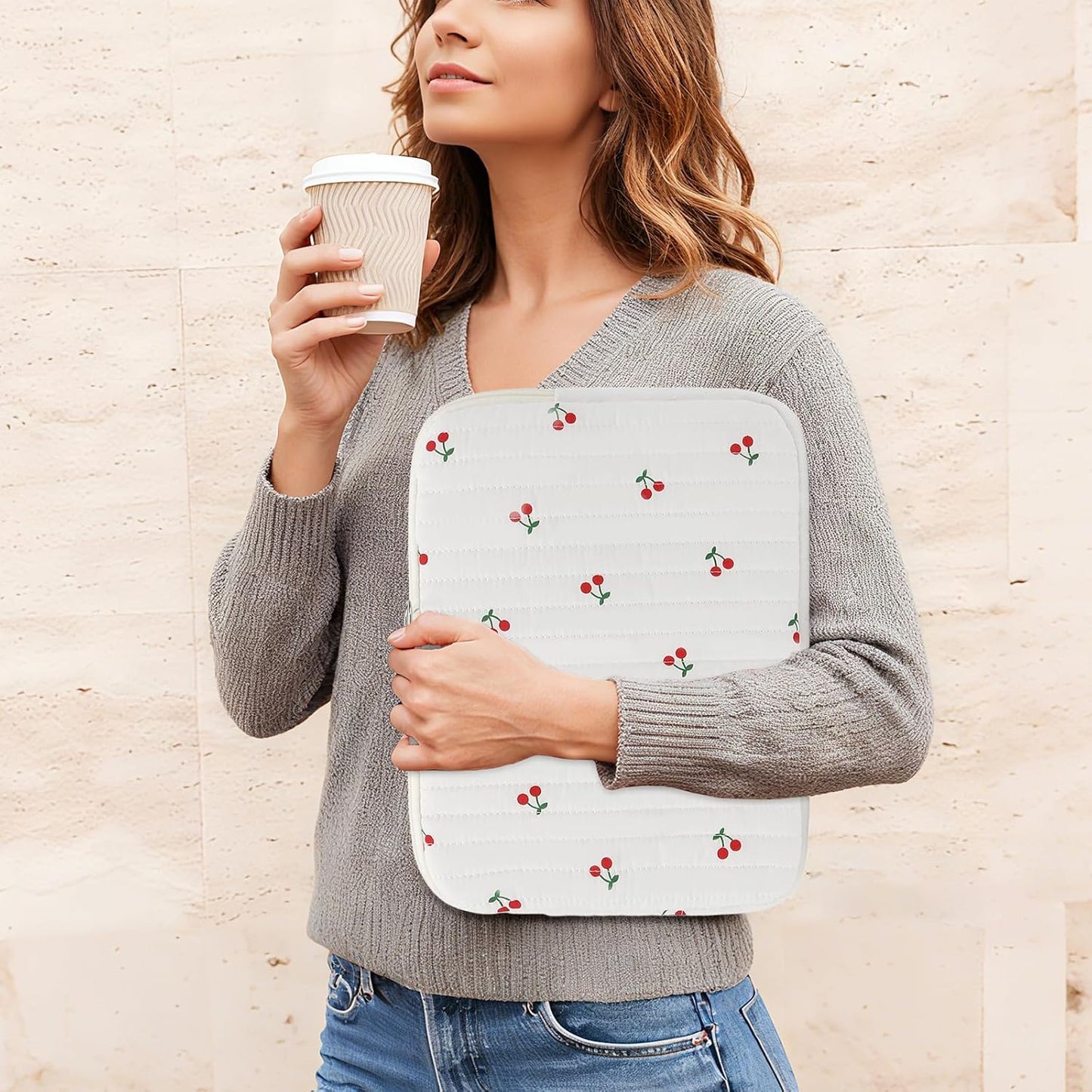 Puffy Laptop Sleeve 13-15.6 Inch Cute Quilted Laptop Protective Case Padded Floral Computer Sleeve for MacBook (B-Cherry, 15 Inch)