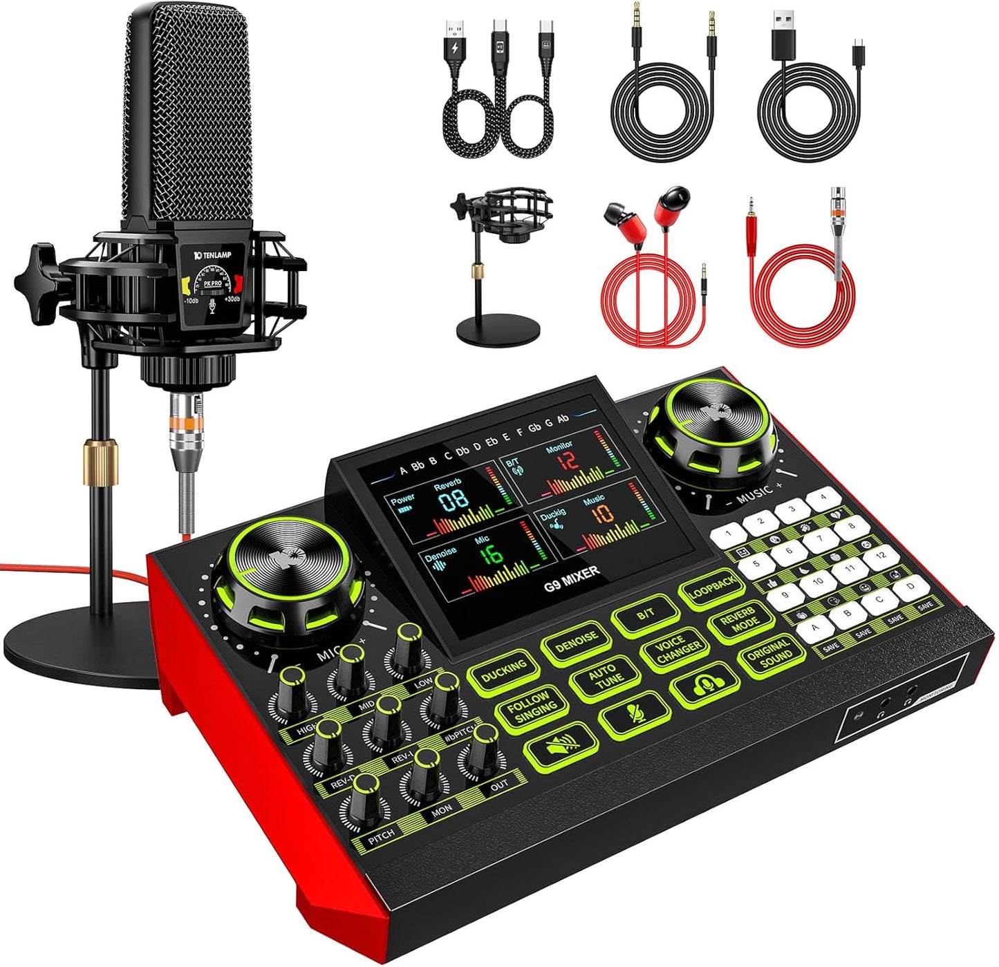 Podcast equipment bundle with live sound card audio mixer, podcast equipment with 3.5mm microphone, soundboard for phone, computer, live streaming, singing, recording, and content creation.