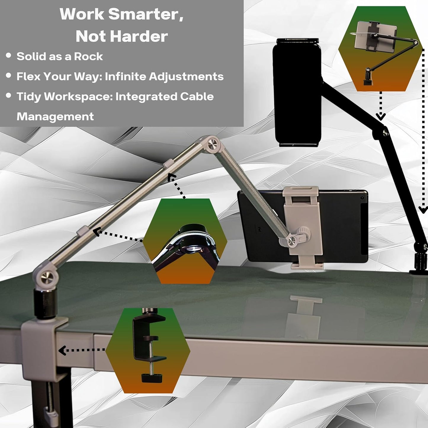 Portable Monitor Stand 16 Inch - Heavy Duty Aluminum Adjustable Monitor Mount with Articulating Arm, 360° Rotation, Cable Management - Professional Desk Setup for Tablets, Phones 4.7-16"