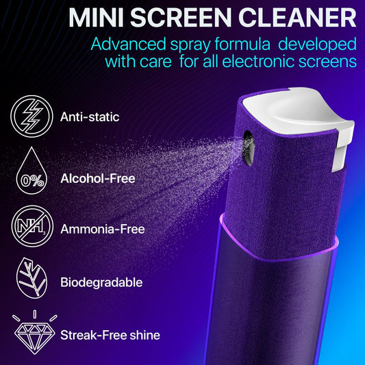Mini Screen Cleaner Spray – Finger Proof Screen Cleaner for Smartphones, iPads, MacBooks, Laptops, Car Screens, Touchscreens – 3in1 Mist Cleaner, Microfiber Cloth and Protective Cover (Cream)