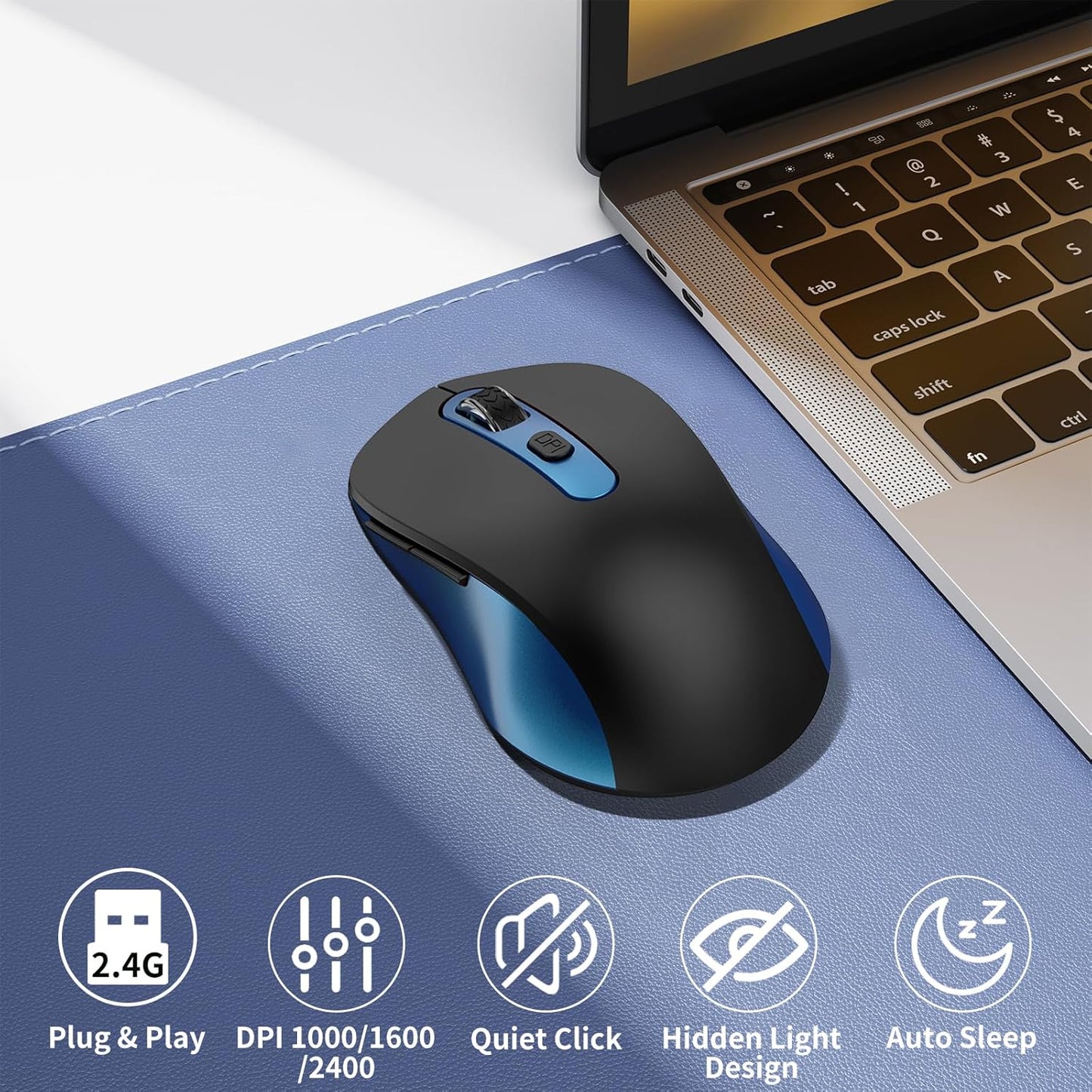 Wireless Mouse for Laptop, PC, Chromebook, Mac, MacBook, Silent Mouse with USB Nano Receiver, Side Button, 2400 DPI, Anti Slip Roller, 6 Button Ergonomics Cordless Computer Mice - Black Blue