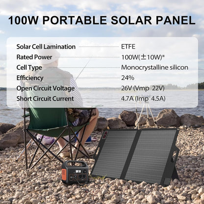 100W 22V ETFE Folding Portable Solar Panel, IP67 Waterproof Foldable 24% High Efficiency, QC3.0 USB-A &Type-C Output,-Light Solar Charger for Power Station RV Camping Off Grid