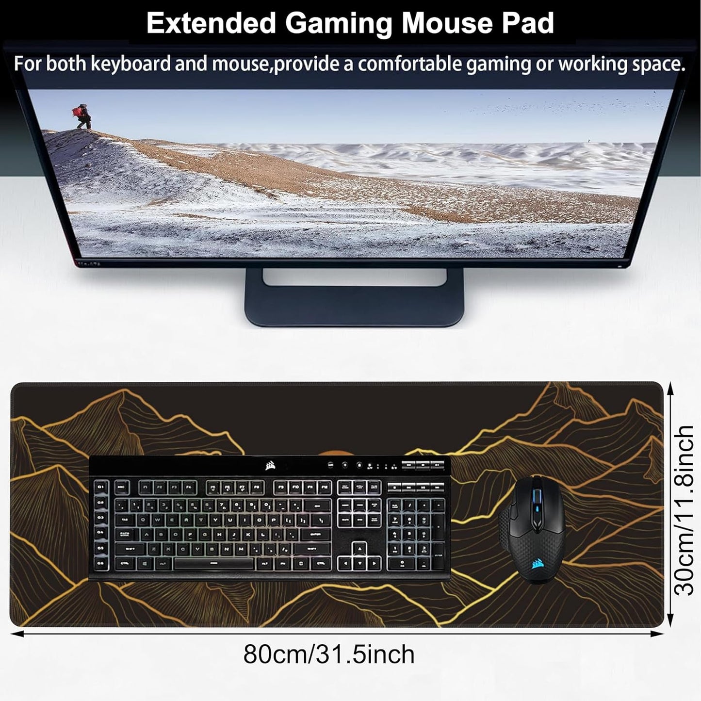 Golden Mountain and Moon Desk Mat,Large Luxury Gold Line Art Gaming Keyboard Mouse Pad,Non-Slip Rubber Base Desk Pad Thick Stitched Edges Waterproof Mousepad Mouse Mat 31.5"x11.8"