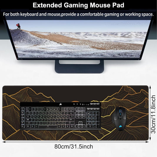 Golden Mountain and Moon Desk Mat,Large Luxury Gold Line Art Gaming Keyboard Mouse Pad,Non-Slip Rubber Base Desk Pad Thick Stitched Edges Waterproof Mousepad Mouse Mat 31.5"x11.8"