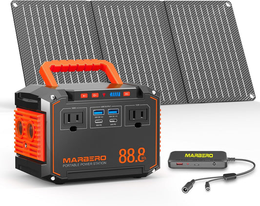 MARBERO 88.8Wh Portable Power Station with 30W Solar Panel 150W Peak Camping Solar Generator Power Bank with AC Outlet(2*AC,2*USB A, 2*USB C,) for Outdoor Travel Home Emergency Blackout Hurricane