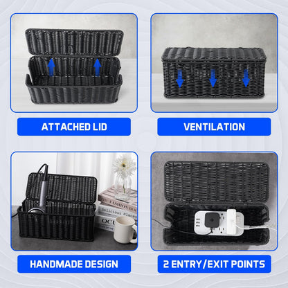 Cable Management Box, Handmade Rattan Cable Organizer, 2 Open Slots Cords Hider Box, Under Desk Cord Organizer for Computer Router USB Hub & Power Strip, Patent Pending, 13" x 5.1" x 5.1", Black