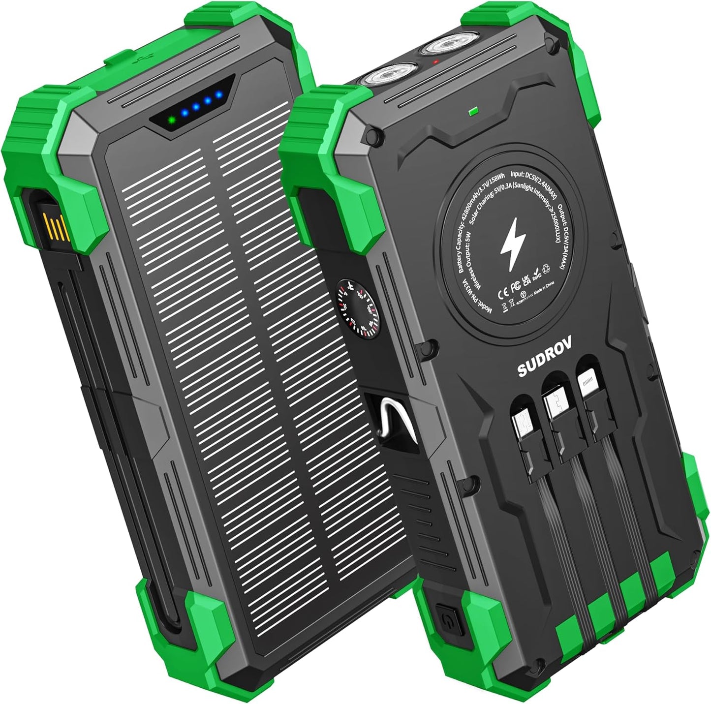 Solar Charger Power Bank, 42800mAh Wireless Portable Charger with USB-C in/Output, QC3.0 Fast Charging 15W 4 Ports Outdoor Battery Pack Built-in Dual Led Flashlights for iPhone Samsung etc