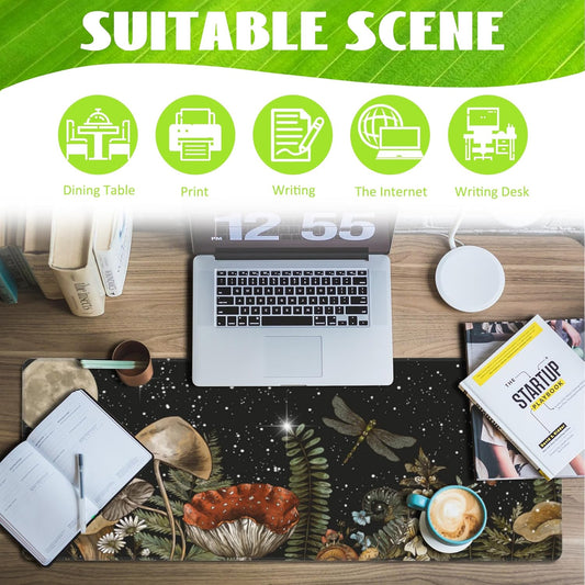 Large Gaming Mouse Pad for Desk,Cute Forest Mushroom Desk Mat,Starry Night Mushroom Desk Pad,Extended Big Computer Keyboard Mouse Pad with Non-Slip Base and Stitched Edge,31.5"x11.8"