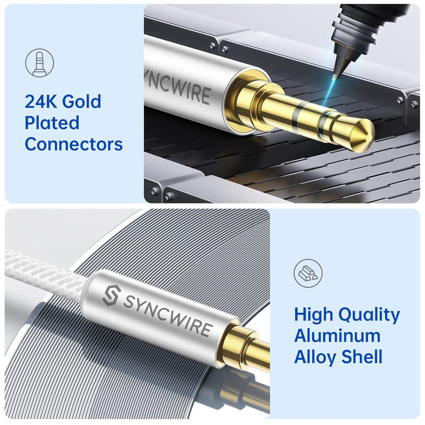 SYNCWIRE 3.5mm Nylon Braided Aux Cable (3.3ft/1m,Hi-Fi Sound), Audio Auxiliary Input Adapter Male to Male AUX Cord for Headphones, Car, Home Stereos, Speaker, iPhone, iPad, iPod, Echo & More – Silver