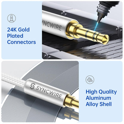 SYNCWIRE 3.5mm Nylon Braided Aux Cable (3.3ft/1m,Hi-Fi Sound), Audio Auxiliary Input Adapter Male to Male AUX Cord for Headphones, Car, Home Stereos, Speaker, iPhone, iPad, iPod, Echo & More – Silver