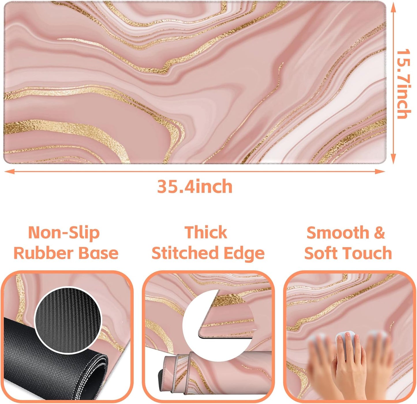 Mouse Pad Large Liquid Marble Non-Slip Gaming Desk Mat with Stitched Edge Laptop Keyboard Desk Pad for Work Home Gaming (35.4 x 15.7 Inches)