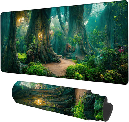 Gaming Desk Pad Large Extra Length Mysterious Forest Mouse Pad Keyboard Laptop Non-Slip Waterproof with Rubber Base Thick Stitched Edge Mouse Mat for Office Home 35.4 x 15.7 Inches