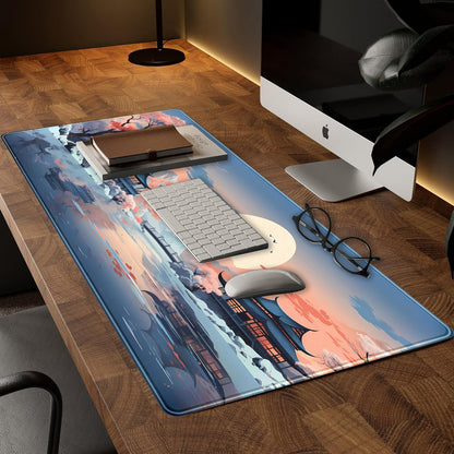 Kawaii Desk Mat Japan Desk Pad Extra Large Gaming Mouse Pad XXL, Computer Laptop Keyboard Pad Gamer Desk Setup, Pink and Blue Mouse Mats with Stitched Edges, Vintage Office Decor 31.5" x 15.7"
