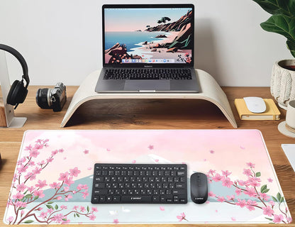Japanese Desk Mat Pastel Pink Cherry Blossom Mouse Pad Mt Fuji Japan Large Gaming Anime Mousepad XXL 31.5x15.75 in, Kawaii Aesthetic Flower Cute Women Office Decor Computer Laptop Keyboard Mat