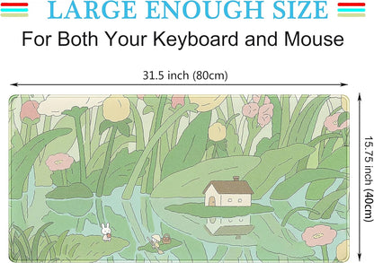Kawaii Green Desk Mat Cute Mouse Pad Japanese, Flowers and Plants Keyboard Mat, Anime Aesthetics Large Mousepad XXL Gaming Desk Pad XL Office Home Decor for Women Girls Keyboard Pad 31.5"x15.75"