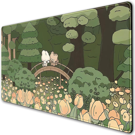 Anime Forest Desk Mat,Cute Green Mouse Pad,Kawaii Aesthetic Full Desktop Pad XXL Gaming Mousemat XL, Extended Korean Animals Bear Bunny Keyboard Mat Large 31.5x15.7 Inch Non-Slip&Stitched Edges