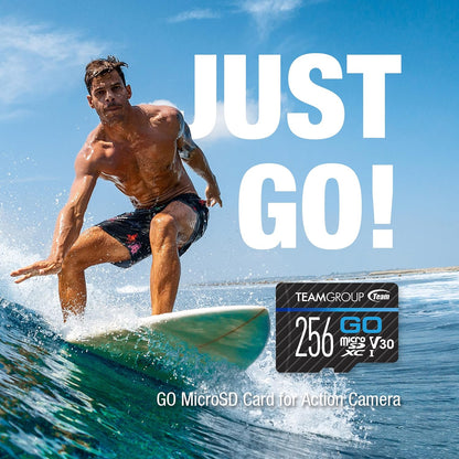 TEAMGROUP GO Card 256GB Micro SDXC UHS-I U3 V30 4K for GoPro & Action Cameras High Speed Flash Memory Card for Outdoor, Sports, 4K Shooting TGUSDX256GU302