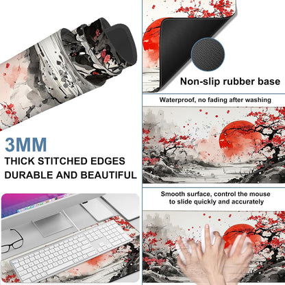 Large Mouse Pad Ink Painting Gaming Desk Pad Computer Keyboard Non-Slip Waterproof Mouse Mat with Rubber Base and Stitched Edges Entertainment Office Writing Desk Mat 35.4 x 15.7 Inches