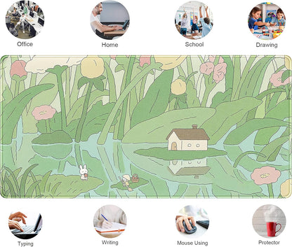 Kawaii Green Desk Mat Cute Mouse Pad Japanese, Flowers and Plants Keyboard Mat, Anime Aesthetics Large Mousepad XXL Gaming Desk Pad XL Office Home Decor for Women Girls Keyboard Pad 31.5"x15.75"
