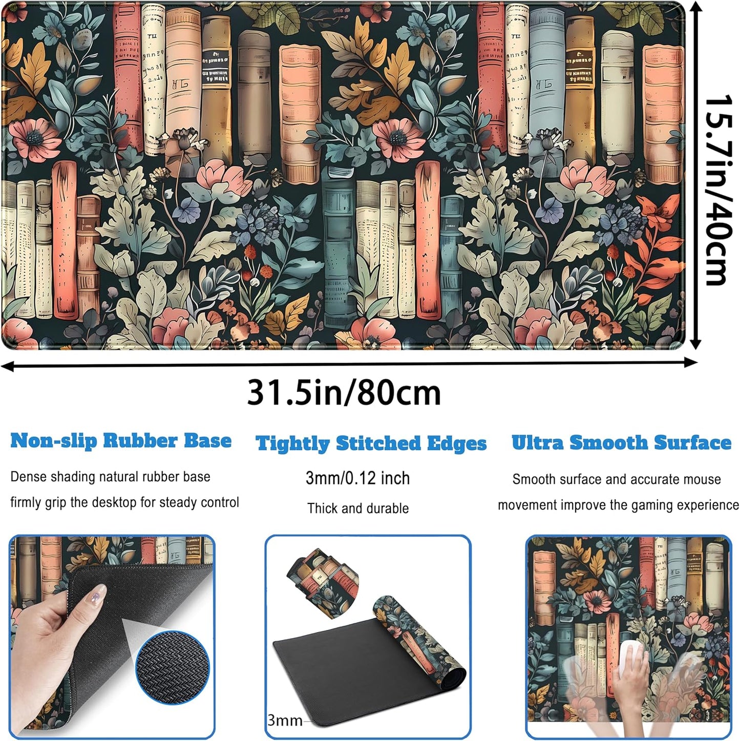 Floral Books Desk Mat Reading Desk Pad Mouse Mat XXL, Colorful Mouse Keyboard Pad Flower Bookshelf Desktop Mat, Long Computer Mats Aesthetic Desk Accessory Reader's Home Decor 31.5" x 15.7"