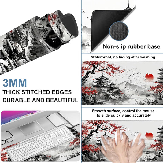 Oriental Painting Gaming Mouse Pad 3mm Thick Stitched Edge Waterproof Non-Slip Large Computer Keyboard Mouse Mat,Suitable for Office Entertainment Decorative Desk Pad 35.4 x 15.7 Inches