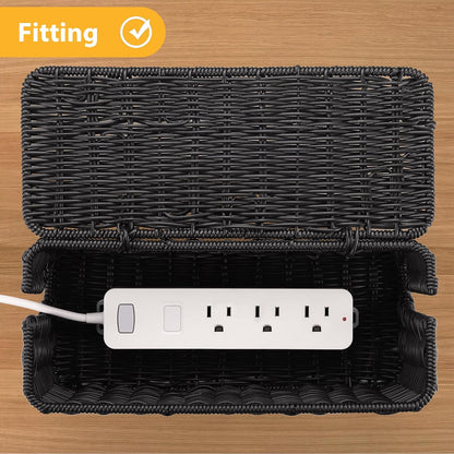 Handmade Cable Management Box, Imitation Rattan Cord Organizer Cord Hider Box, Desk Cord Management Box to Hide Cords and Power Strip L12.5 W5 H5.2 CB2412 Black