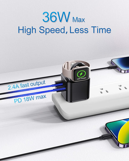 36W for Apple Charging Block with Built-in Watch Charger, Foldable PD Fast Charger Block for iPhone, Dual Ports Wall Charger Compatible with Apple Watch iPhone AirPods(Black)