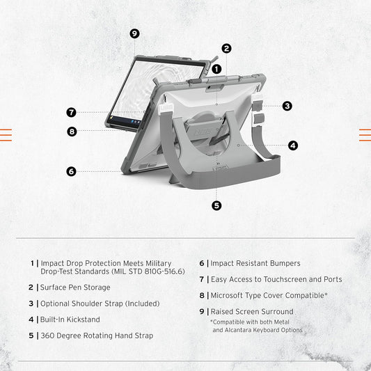 URBAN ARMOR GEAR UAG Designed for Microsoft Surface Pro 11/10/9 Case Plasma Healthcare White/Gray Dropproof Rugged Protective Cover with Multi-angle Built-in Kickstand Pen Holder Hand & Shoulder Strap