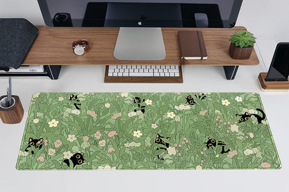 Cute Green Leaves Pink Flowers Mouse Pad Desk Pad Kawaii Anime Cat Desktop Protector Decor Desk Mat, XL Large Gaming Mousepad for Girl Women Laptop Computer Keyboard and Mouse Mat 31.5x11.8 in