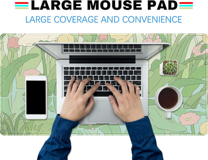 Kawaii Green Desk Mat Cute Mouse Pad Japanese, Flowers and Plants Keyboard Mat, Anime Aesthetics Large Mousepad XXL Gaming Desk Pad XL Office Home Decor for Women Girls Keyboard Pad 31.5"x15.75"