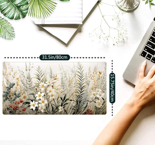 Beige Aesthetic Sage Desk Mat Cute Watercolor Flowers Mouse Pad Desk Pad, XXL Large Extended Gaming Anime Mousepad Big Keyboard Mouse Mat, Home Office Desktop Decor Deskpad for Women 31.5x15.75 in